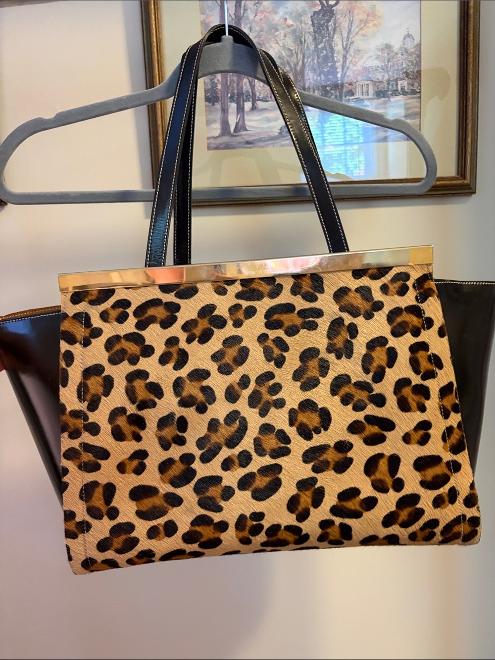 Vintage Leather Leopard Print Tote Bag with Black Handles